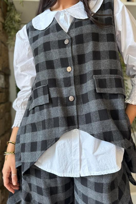 Nora Brushed Cotton Gingham Trapeze Waistcoat Black